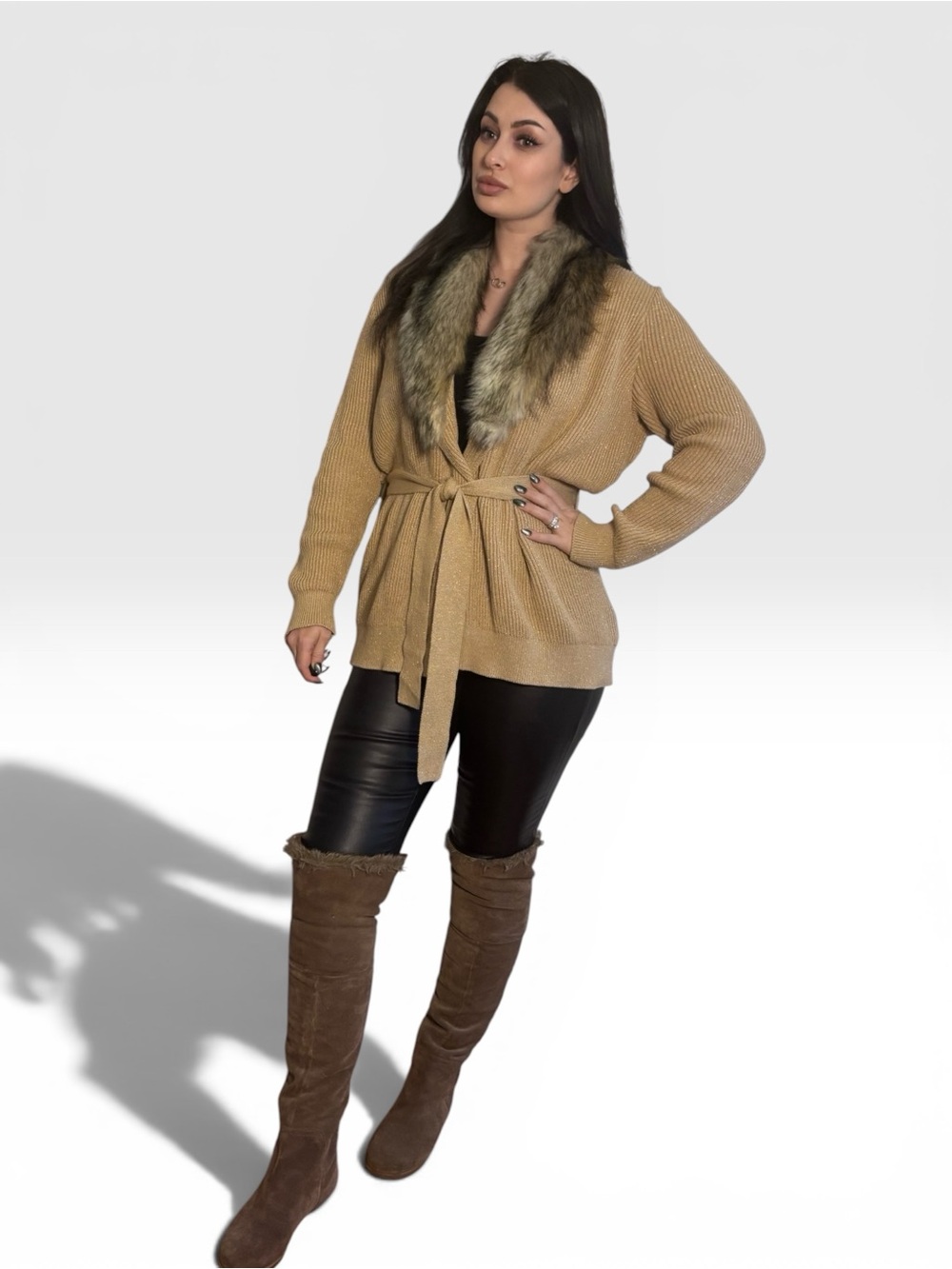 Michael Kors Faux Fur Belted Shimmer Knit Cardigan Sweater M